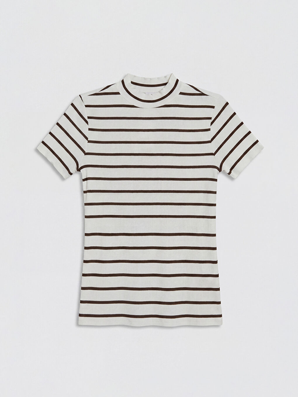 Kahverengi Dik Yaka Çizgili Kadın Tişört-3