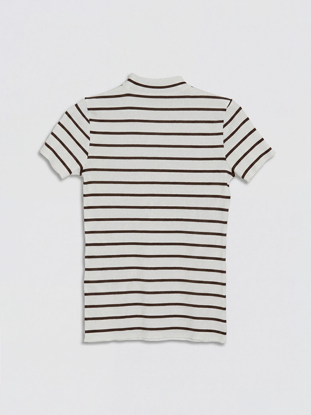 Kahverengi Dik Yaka Çizgili Kadın Tişört-4