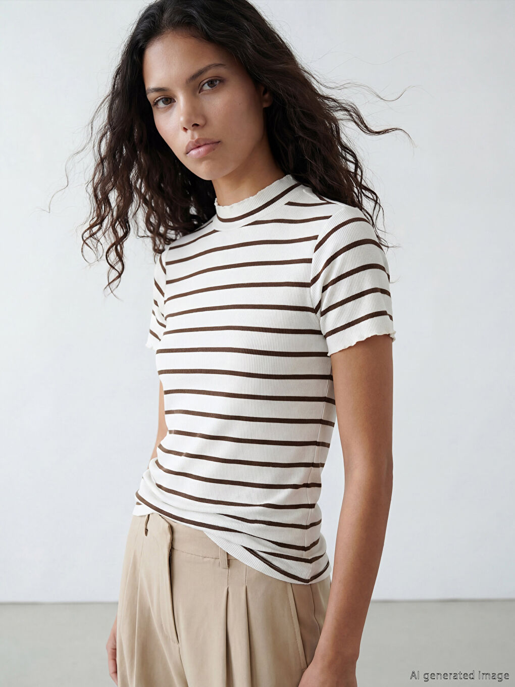 Kahverengi Dik Yaka Çizgili Kadın Tişört
