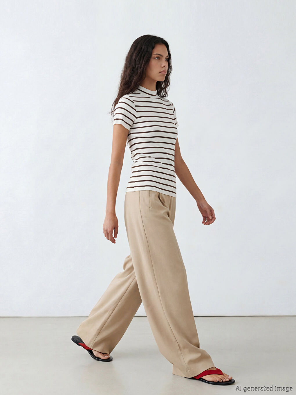 Kahverengi Dik Yaka Çizgili Kadın Tişört-1