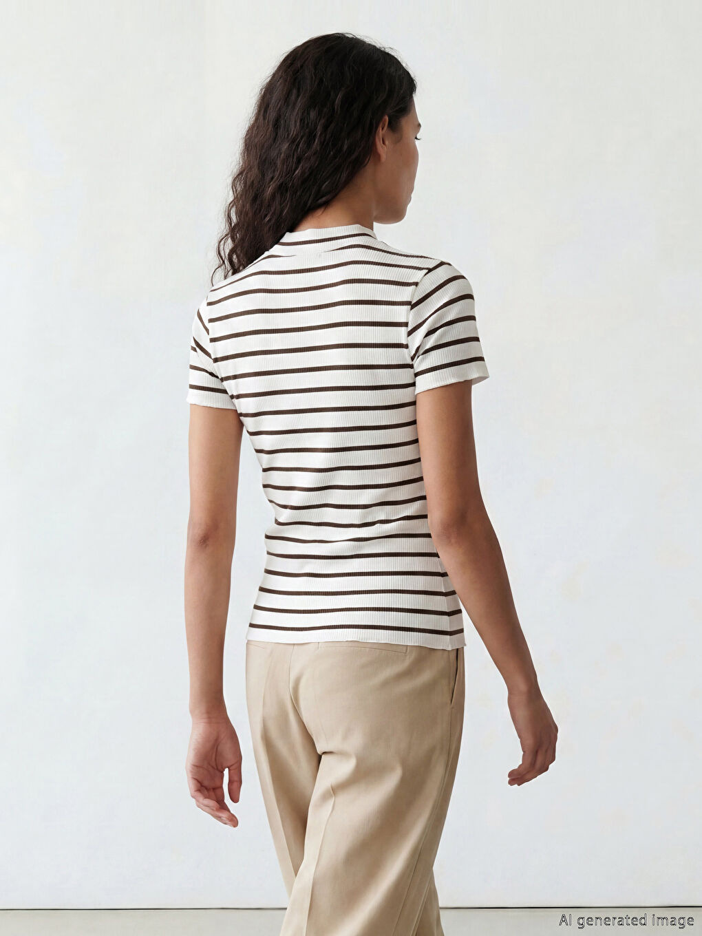 Kahverengi Dik Yaka Çizgili Kadın Tişört-2