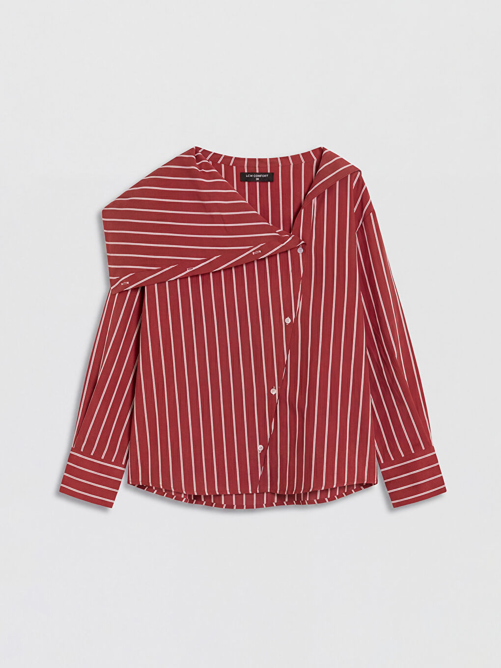 Kırmızı Asimetrik Yaka Çizgili Kadın Gömlek-3