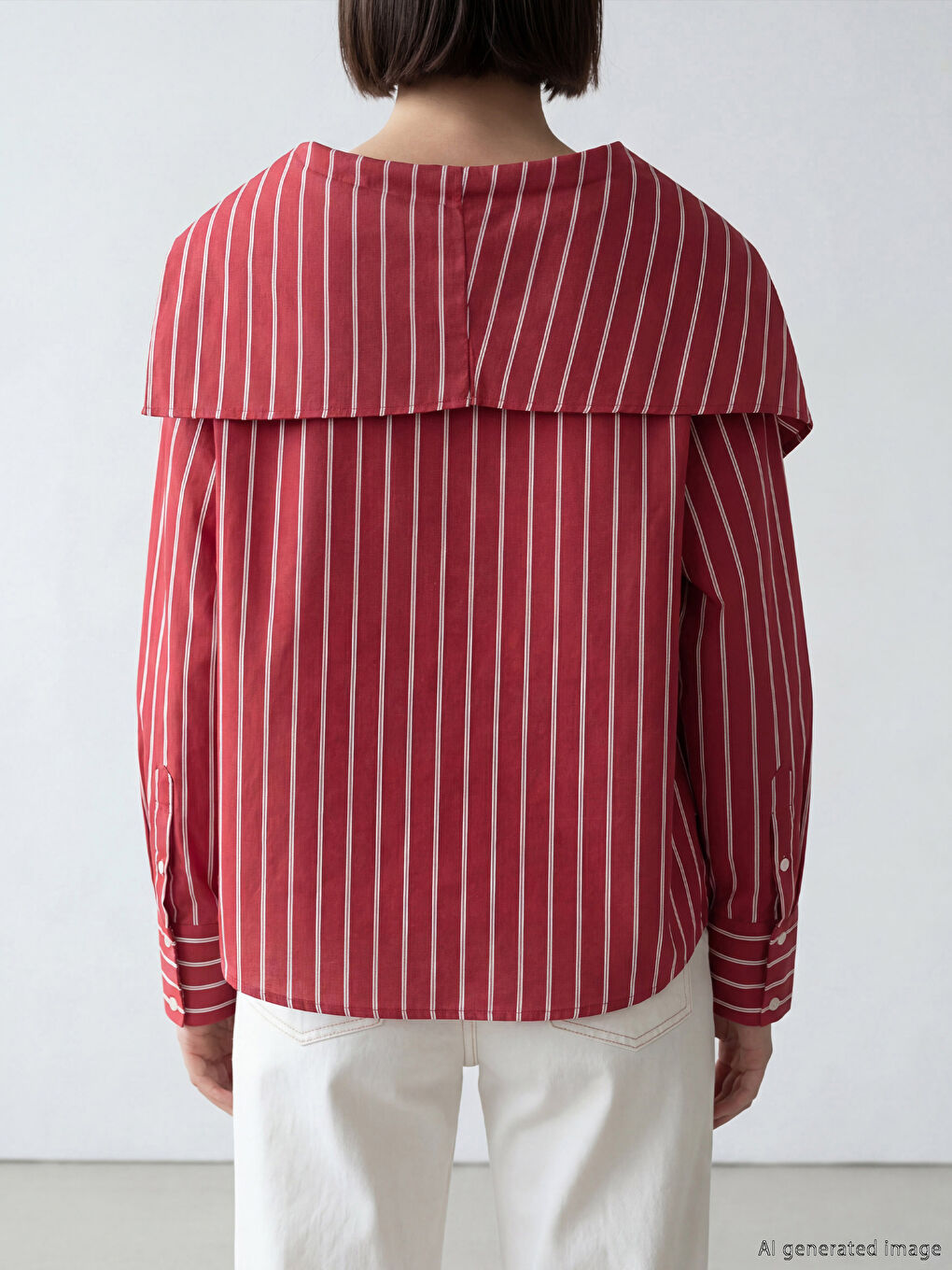 Kırmızı Asimetrik Yaka Çizgili Kadın Gömlek-1