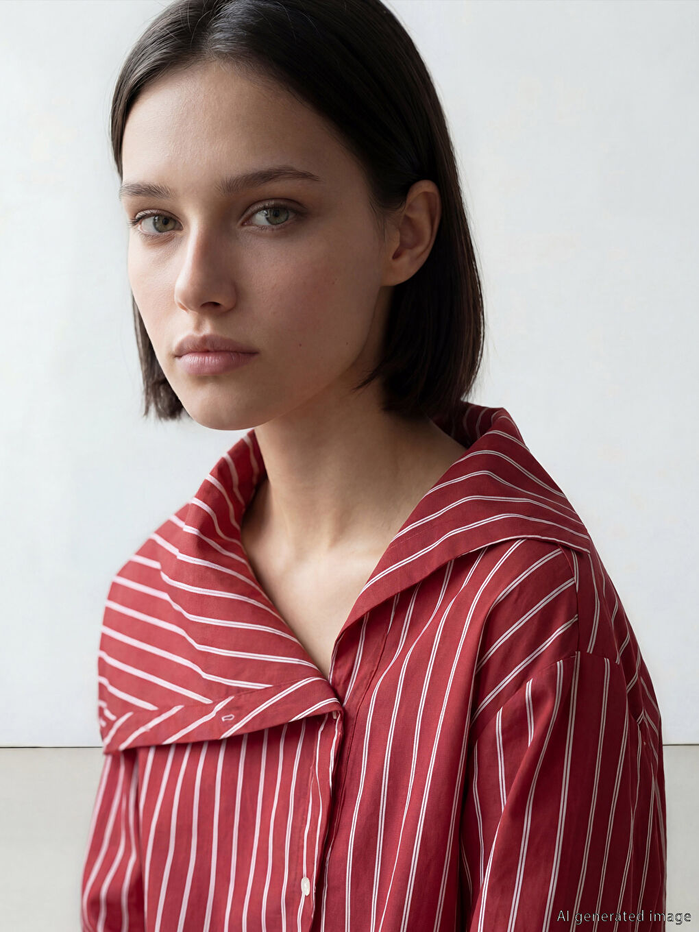 Kırmızı Asimetrik Yaka Çizgili Kadın Gömlek-2