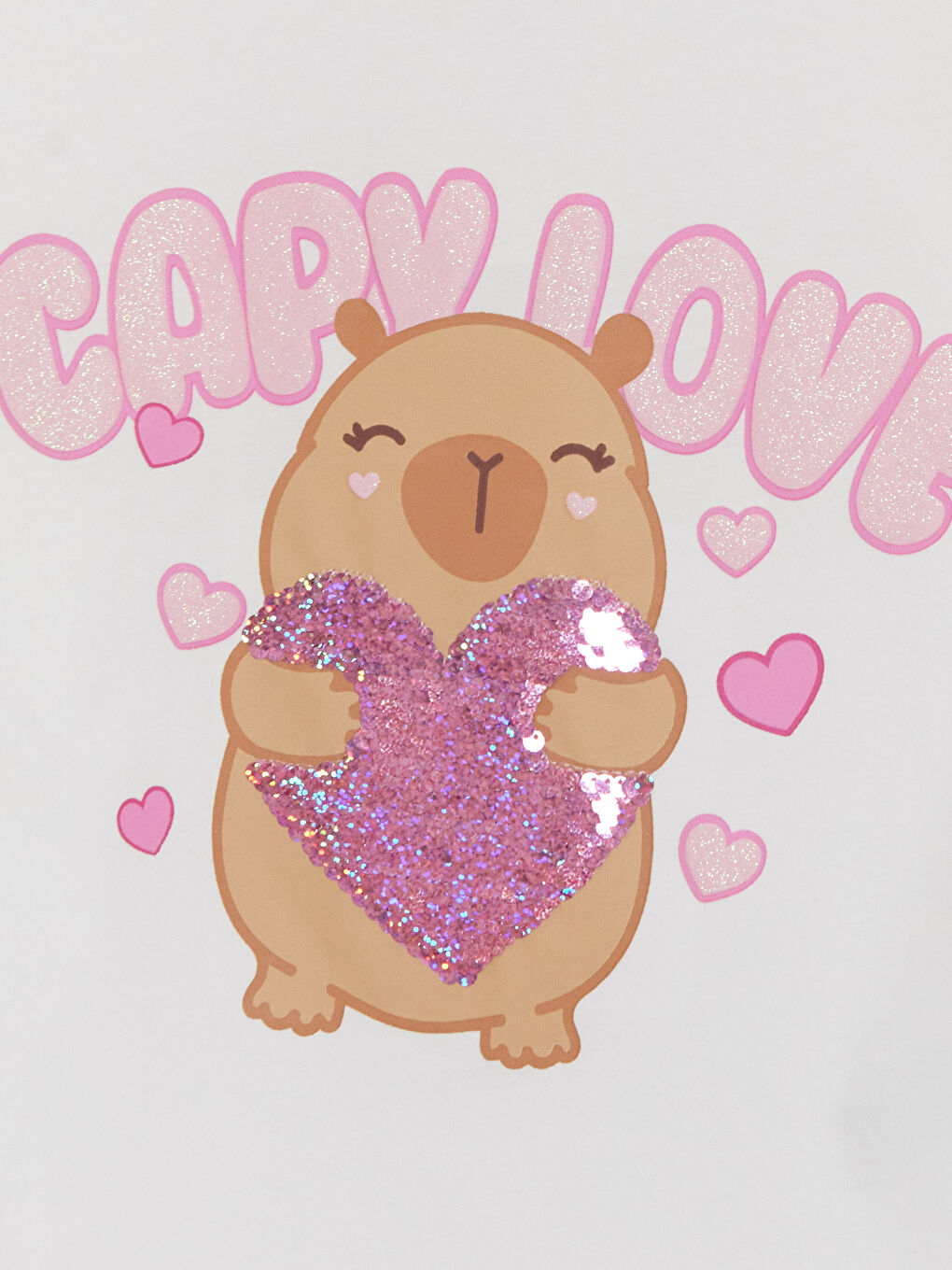 Beyaz Bisiklet Yaka Payetli Baskılı Kız Çocuk Tişört-2