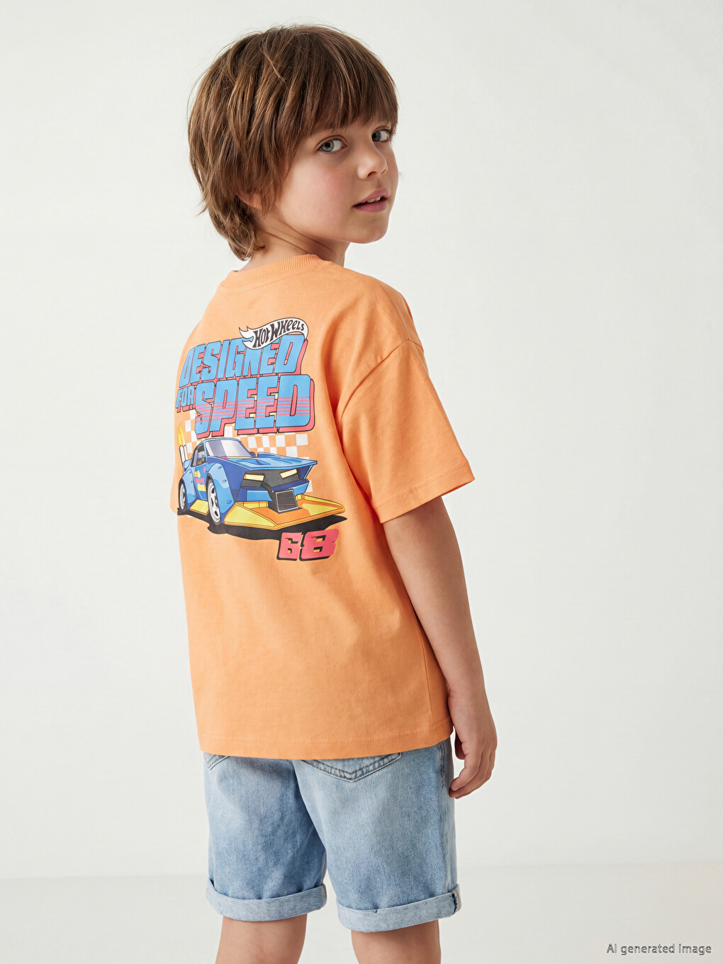 Turuncu Bisiklet Yaka Hot Wheels Baskılı Erkek Çocuk Tişört-1