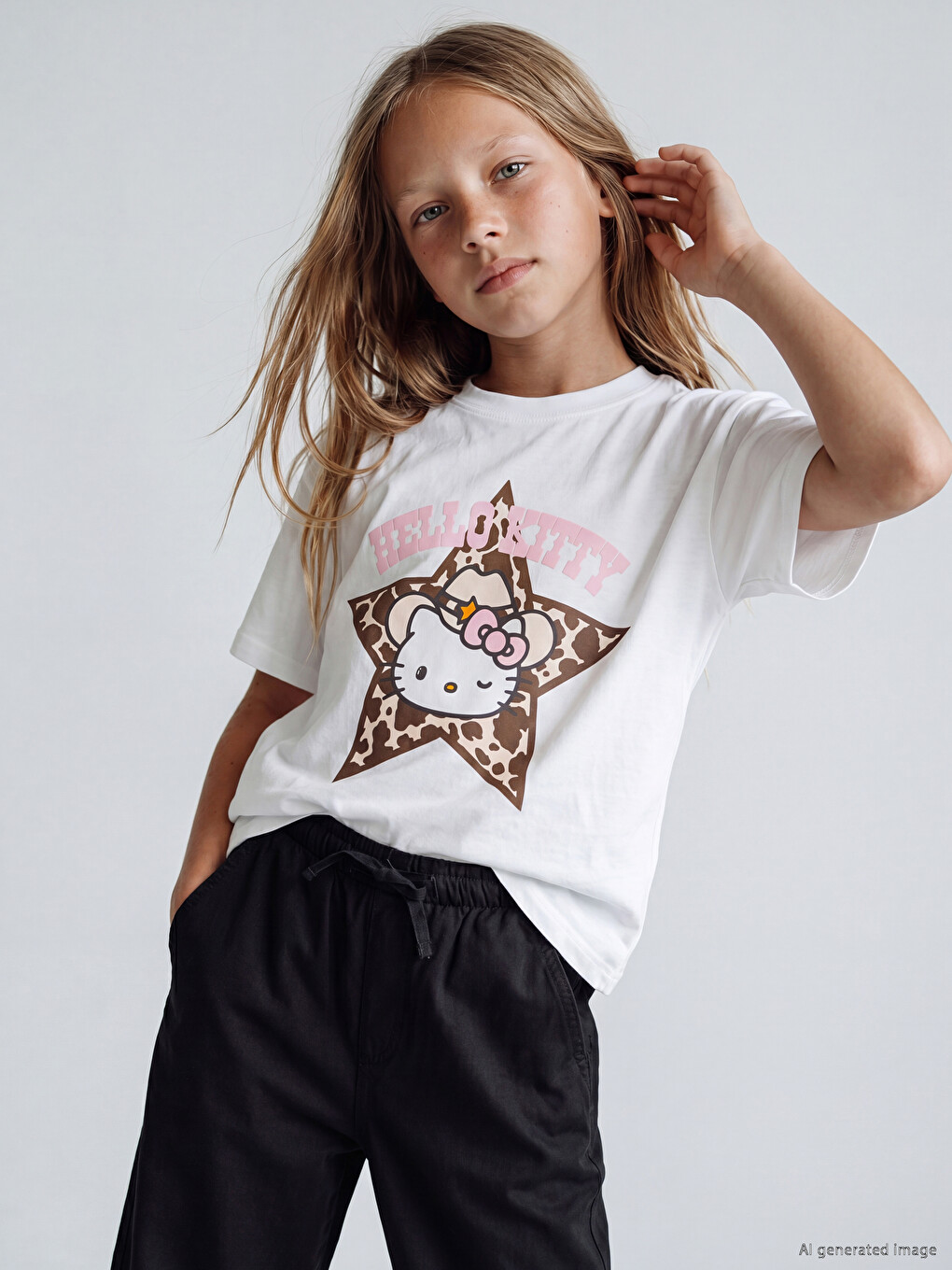 Crew Neck Hello Kitty Printed Girls' T-Shirt
