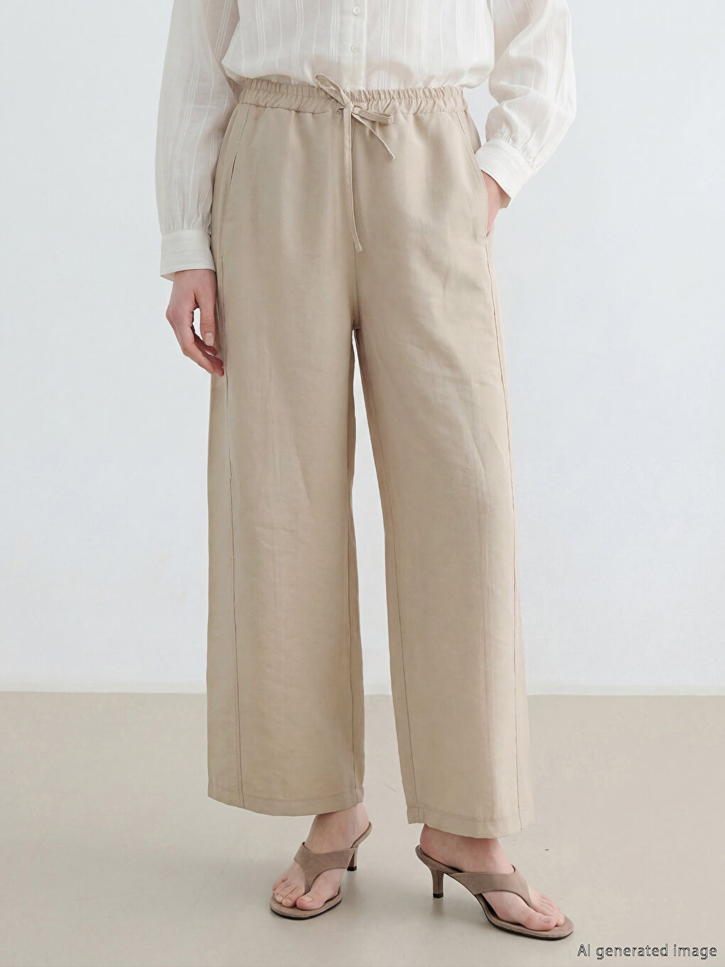 Bej Beli Lastikli Kadın Pantolon-1