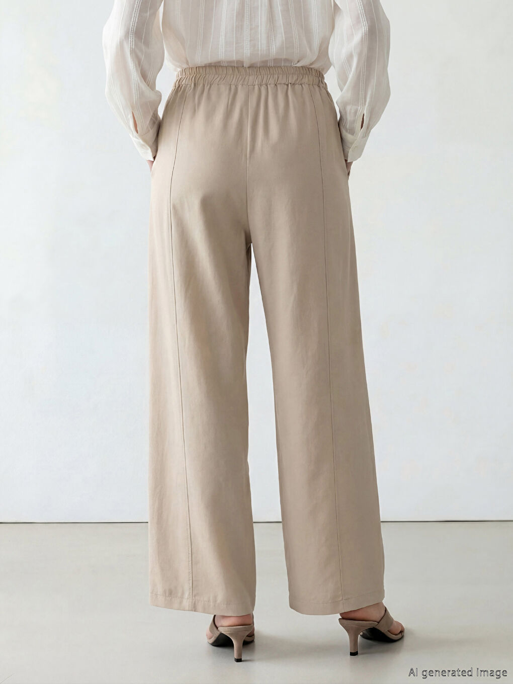 Bej Beli Lastikli Kadın Pantolon-2