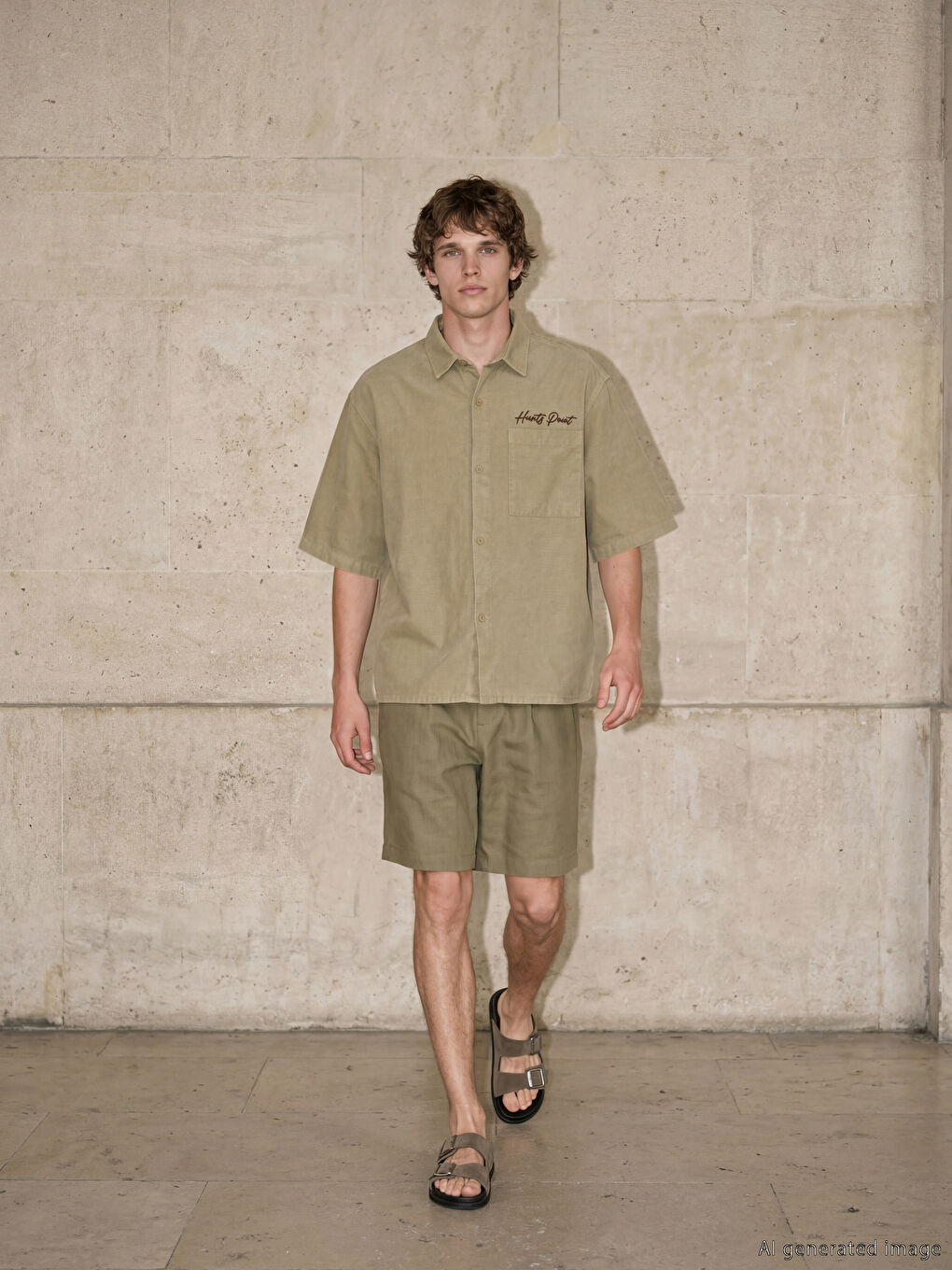 Bej Loose Fit Nakışlı Erkek Gömlek-1