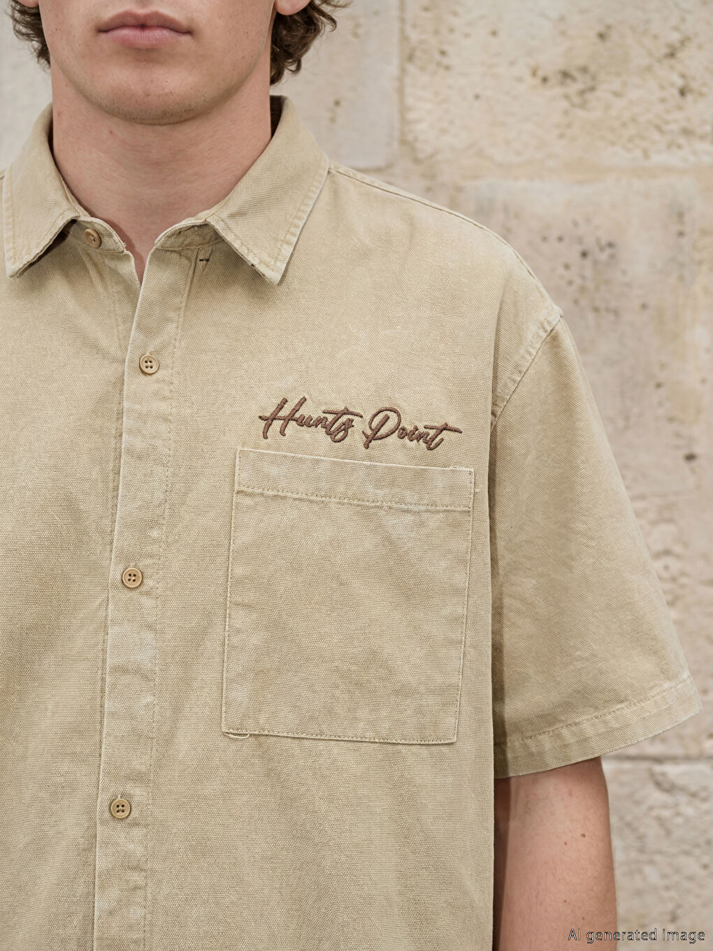 Bej Loose Fit Nakışlı Erkek Gömlek-2