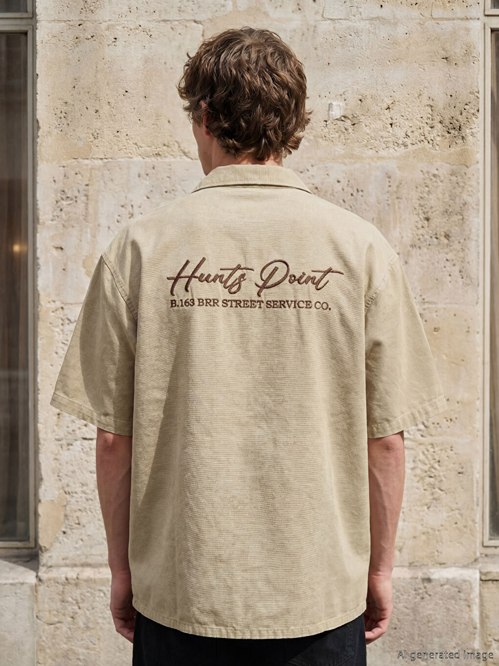 Bej Loose Fit Nakışlı Erkek Gömlek-3