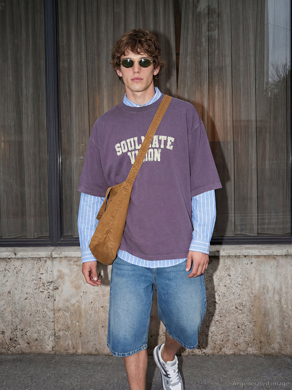 Mor Bisiklet Yaka Nakışlı Erkek Tişört-2