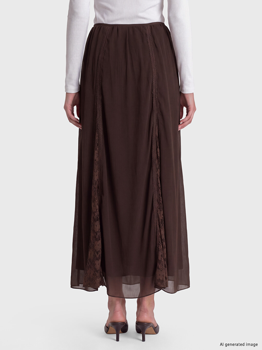 Kahverengi Beli Lastikli Dantel Detaylı Etek-3