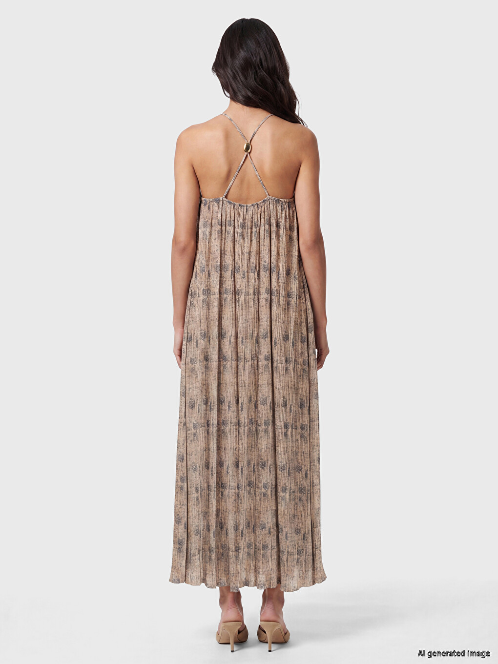 Kahverengi Halter Yaka Desenli A Kesim Elbise-3