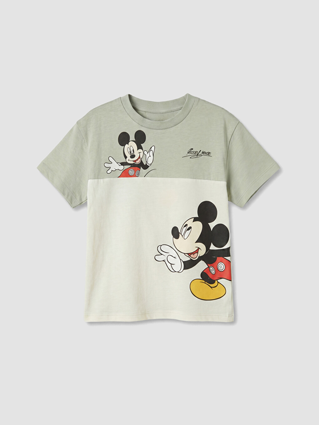 Ekru Bisiklet Yaka Mickey Mouse Baskılı Erkek Bebek Tişört