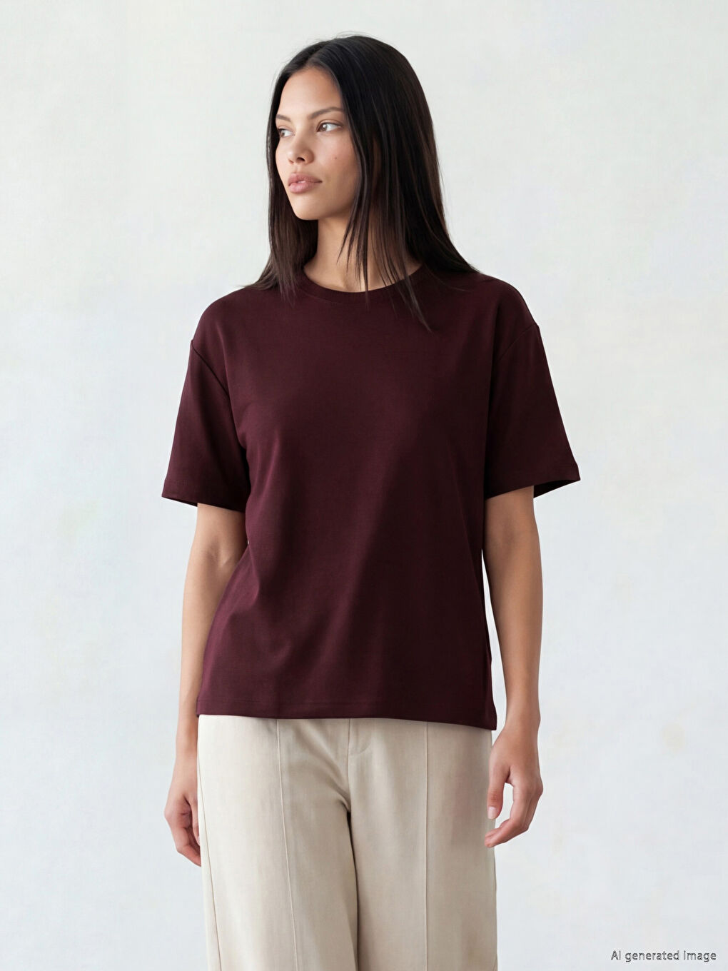 Mürdüm Bisiklet Yaka Oversize Kadın Tişört