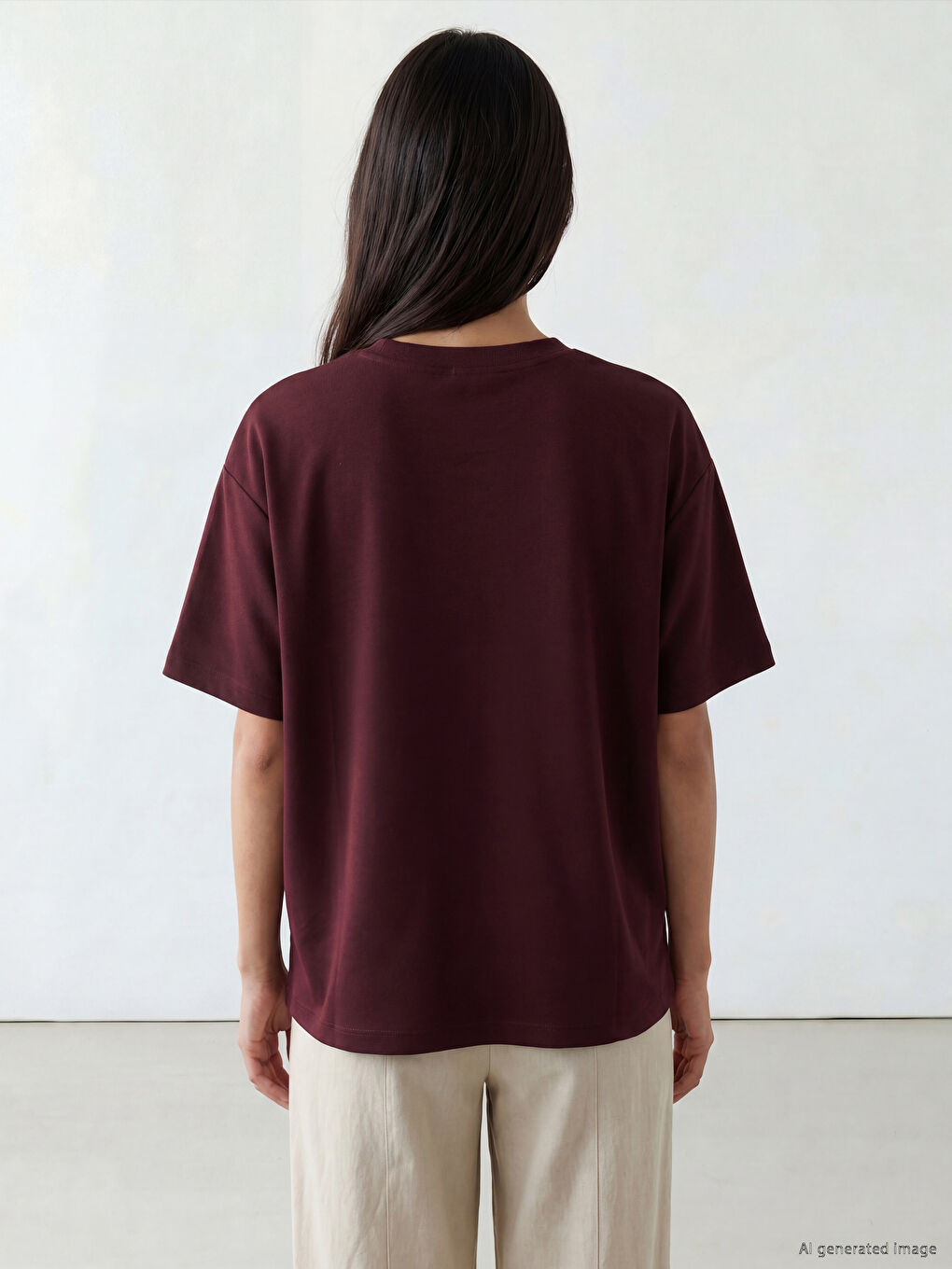 Mürdüm Bisiklet Yaka Oversize Kadın Tişört-3