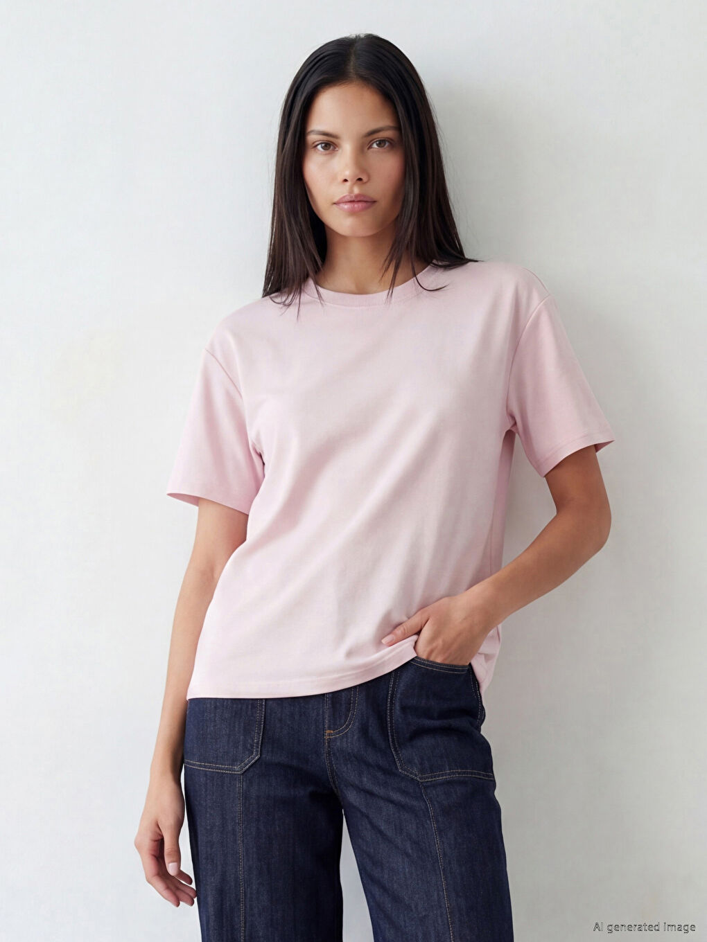 Pembe Bisiklet Yaka Oversize Kadın Tişört