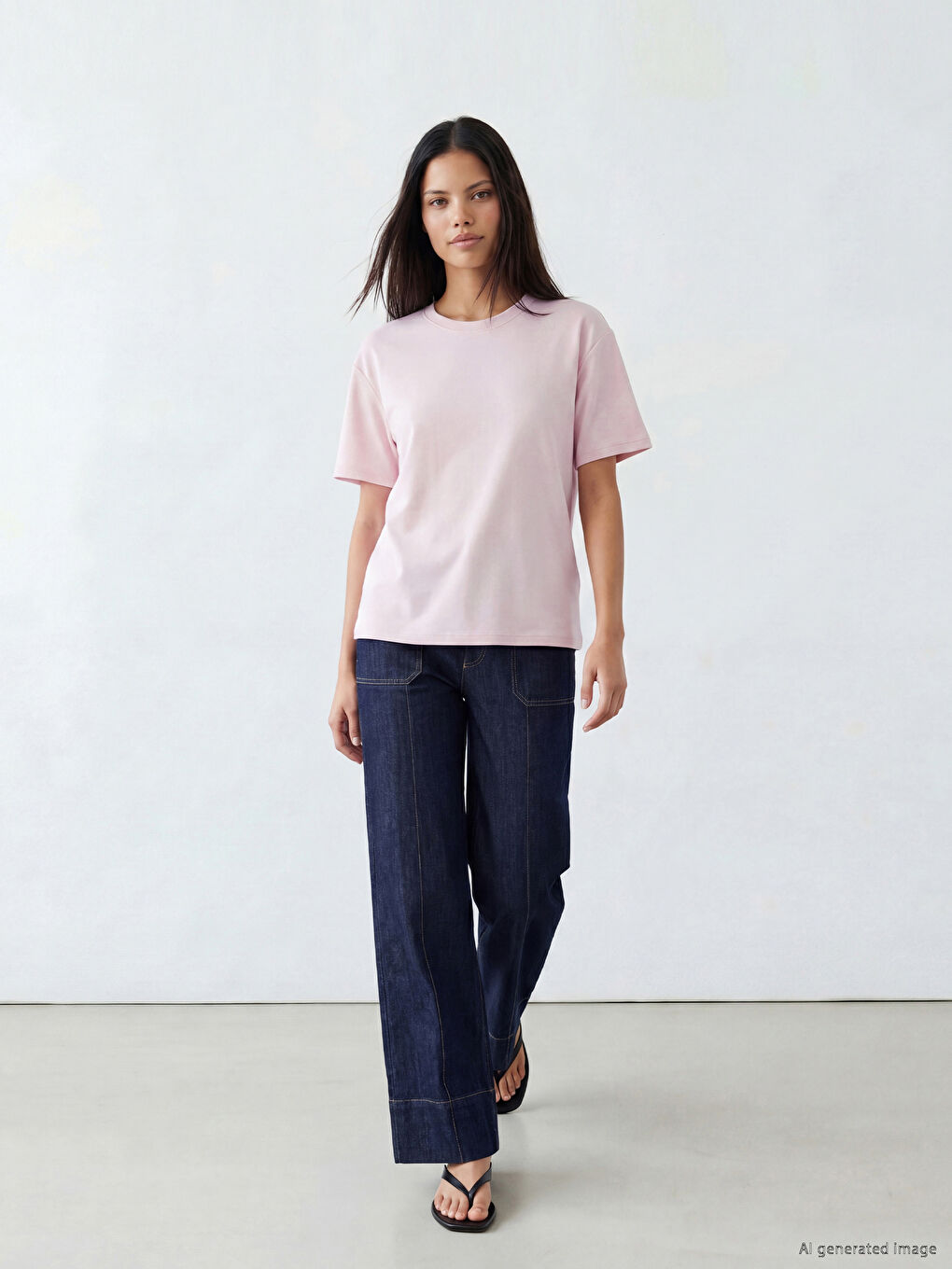 Pembe Bisiklet Yaka Oversize Kadın Tişört-1