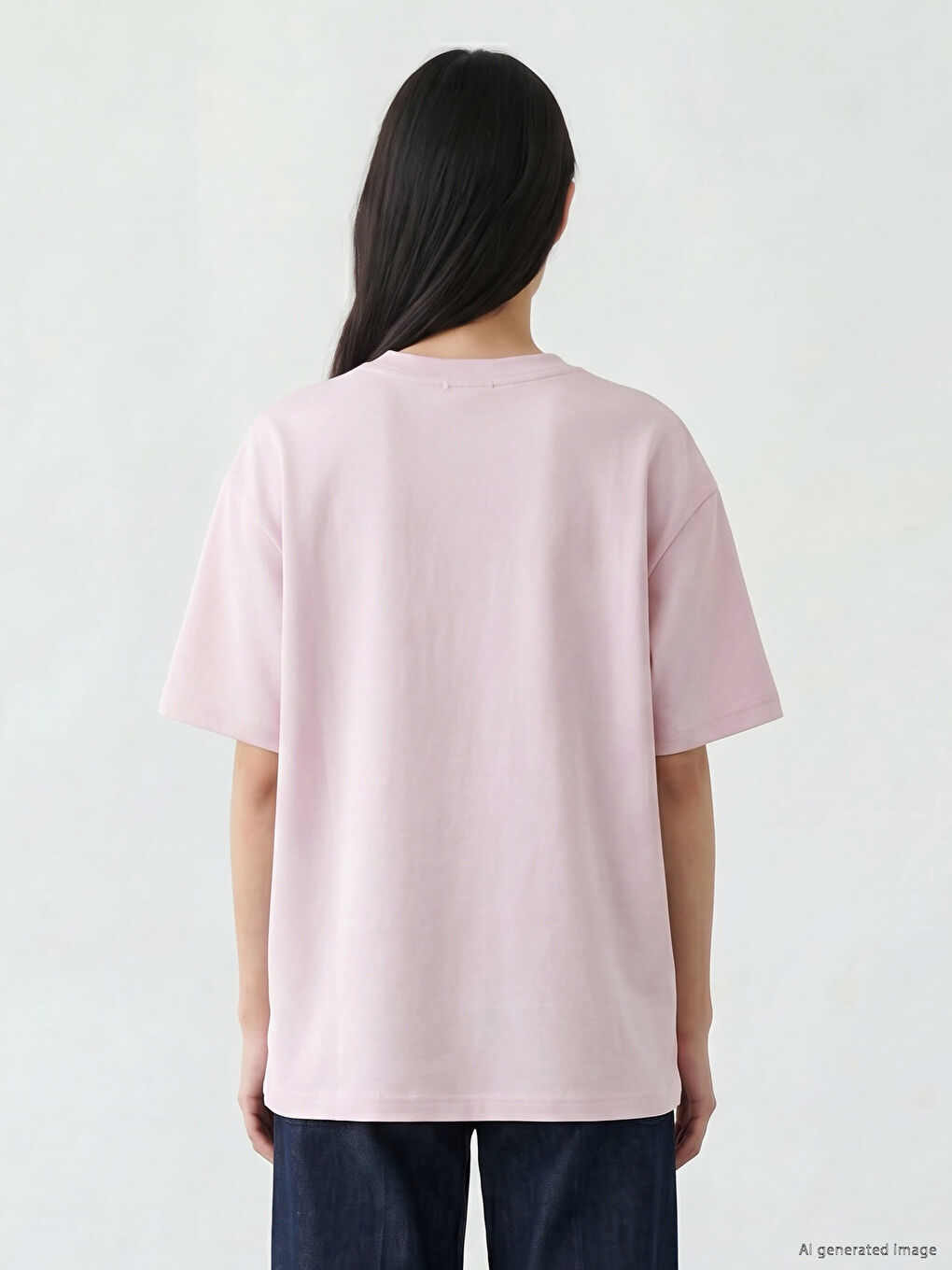 Pembe Bisiklet Yaka Oversize Kadın Tişört-3
