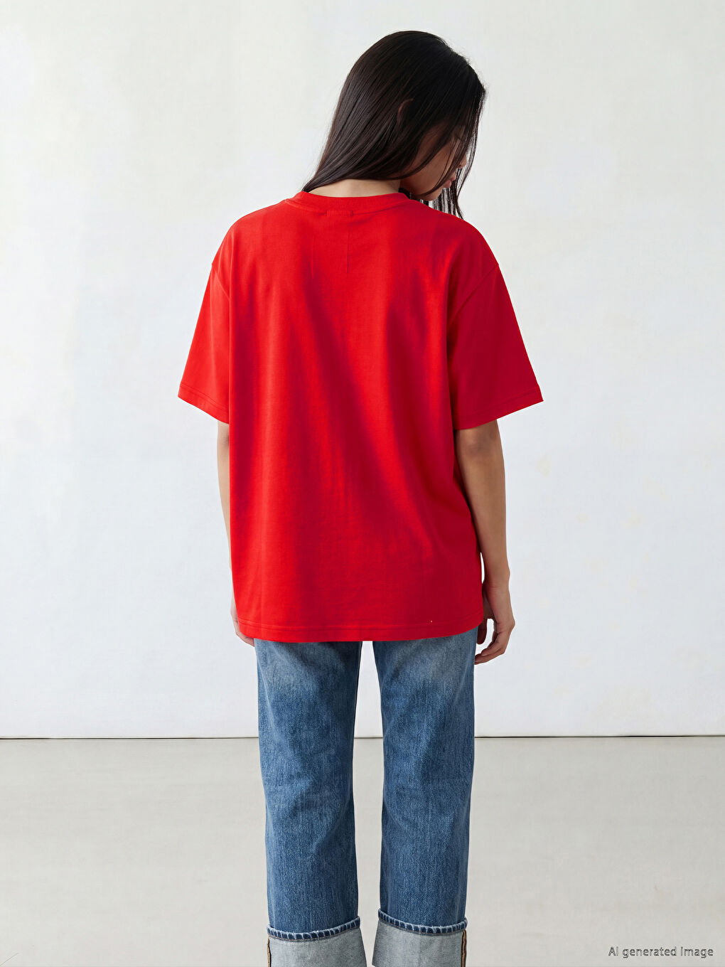 Kırmızı Bisiklet Yaka Oversize Kadın Tişört-3