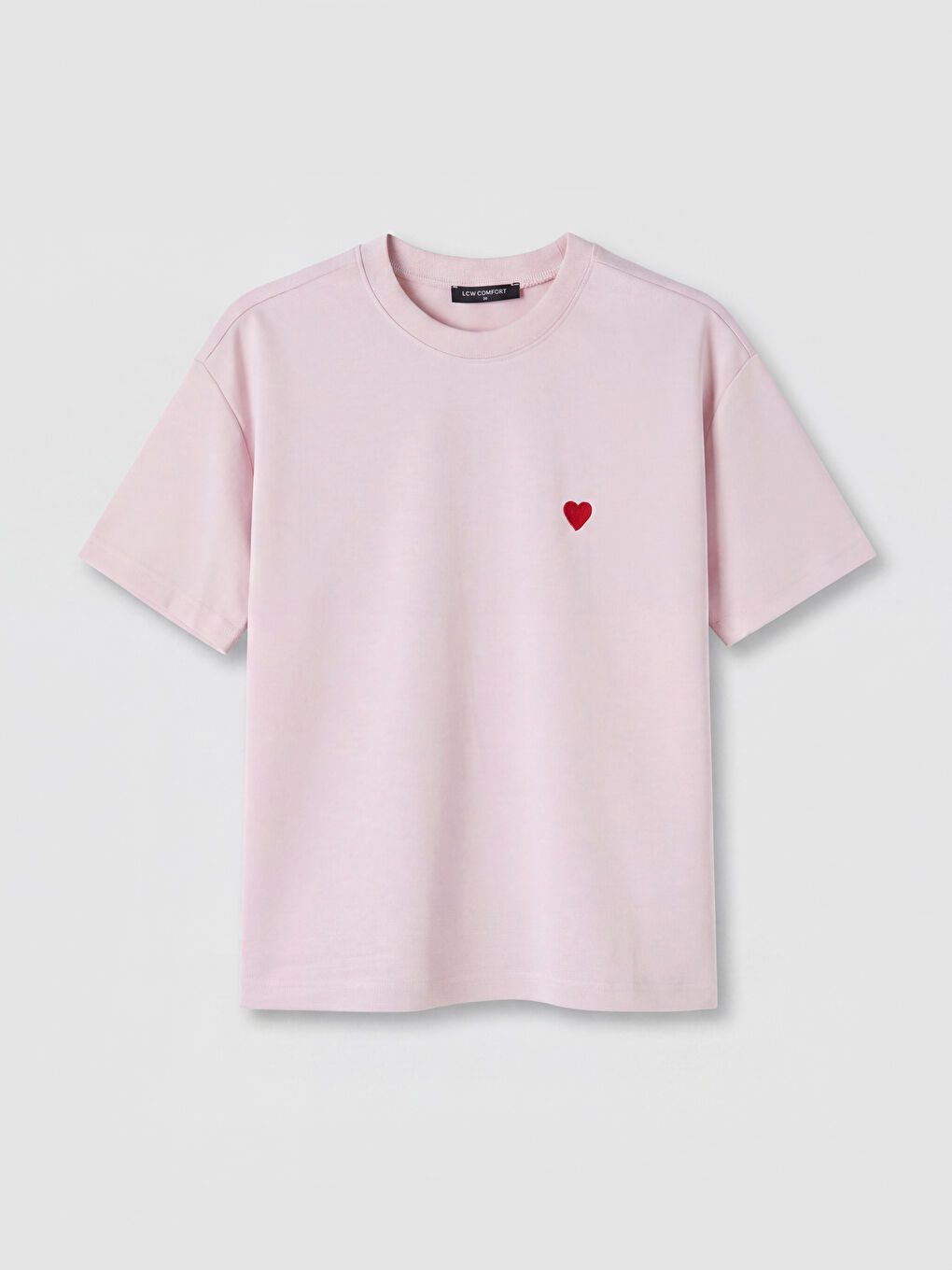 Pembe Bisiklet Yaka Kalp Nakışlı Kadın Tişört-4