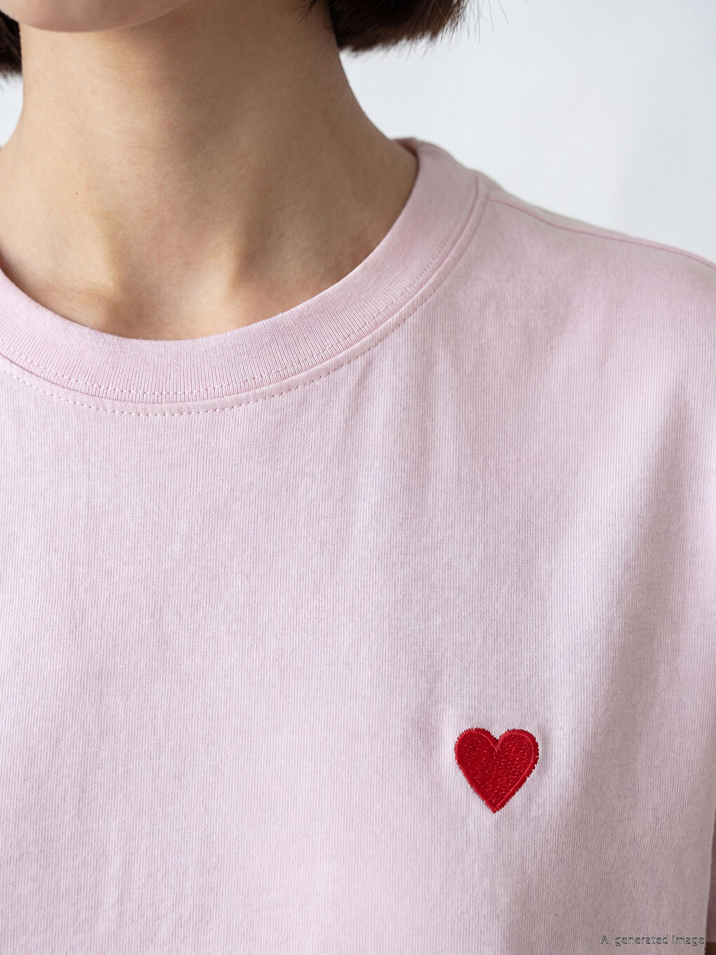 Pembe Bisiklet Yaka Kalp Nakışlı Kadın Tişört-2