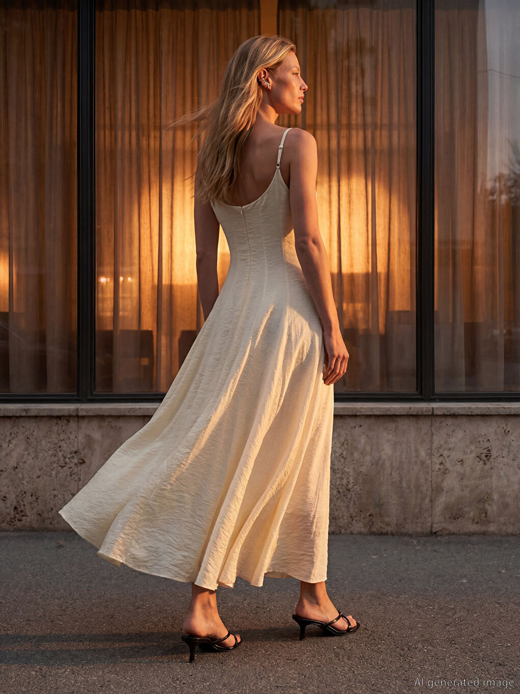 Sarı Kare Yaka İp Askılı Elbise-3