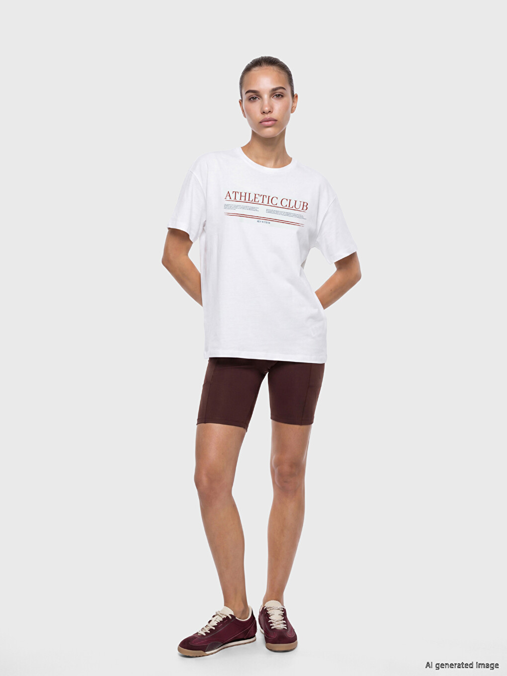 Beyaz Baskılı Oversize Kadın Spor Tişört-1