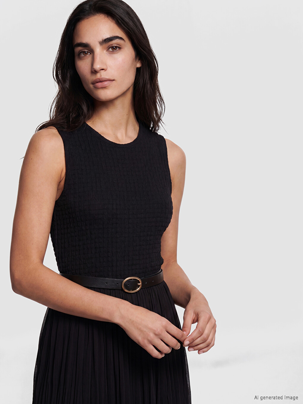 Crew Neck Waist Belted Pleated Dress-1