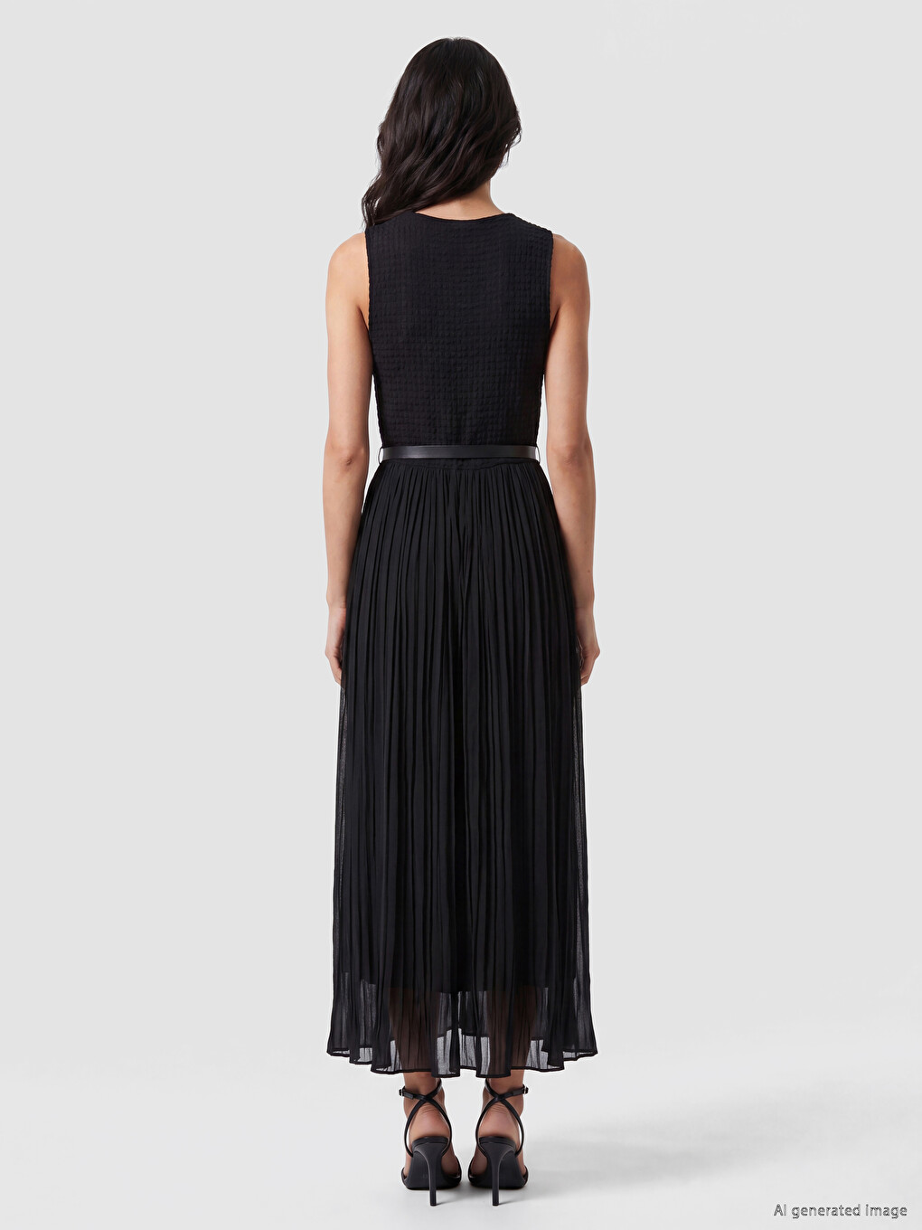 Crew Neck Waist Belted Pleated Dress-3