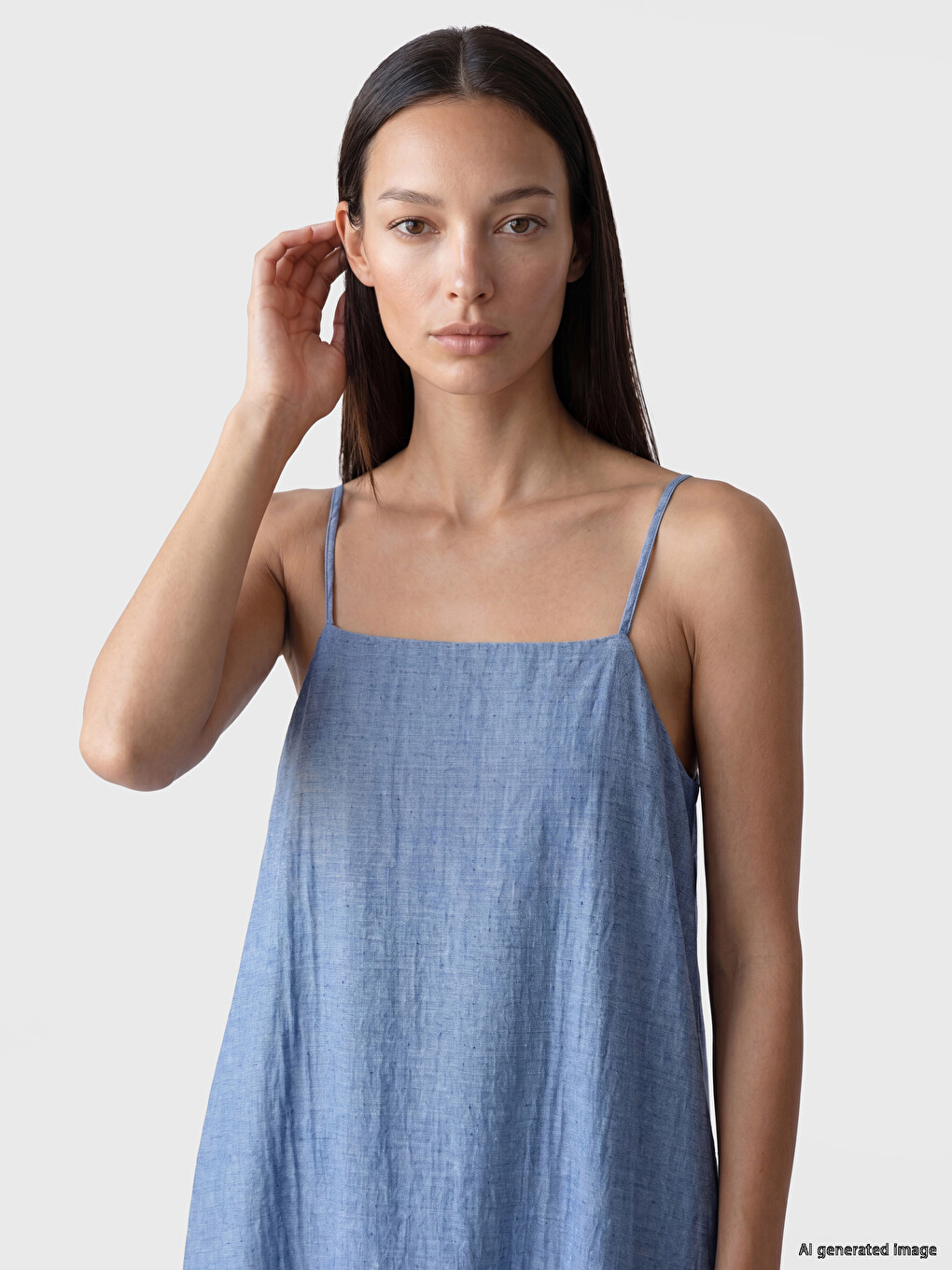 Square Neck Strappy A-line Denim Dress-1