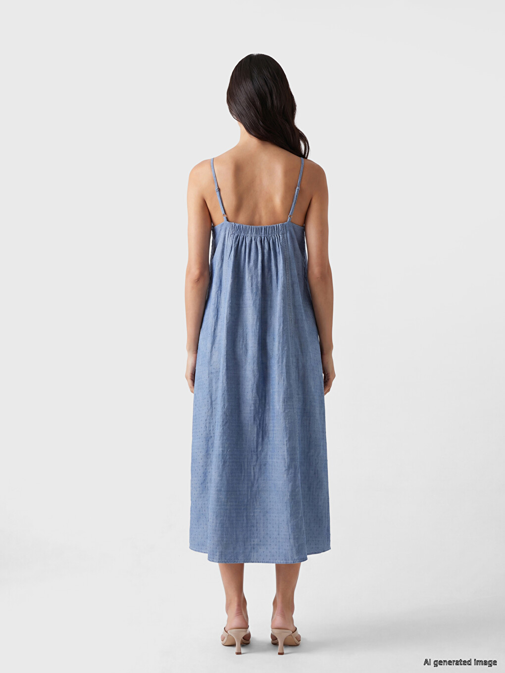 Square Neck Strappy A-line Denim Dress-3