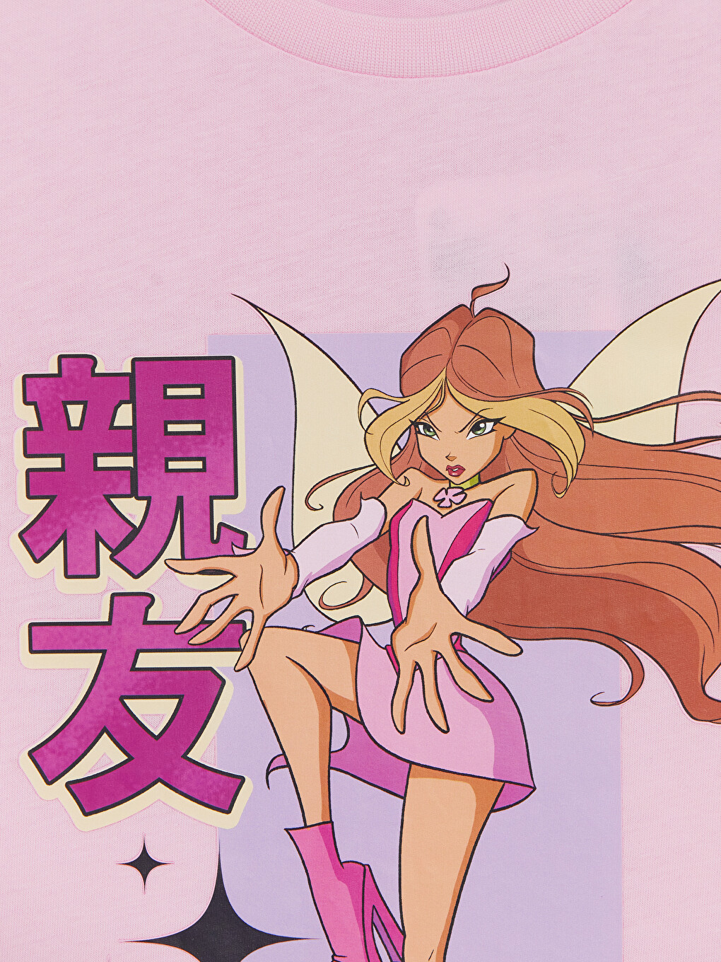 Pembe Bisiklet Yaka Winx Club Baskılı Kız Çocuk Tişört-1