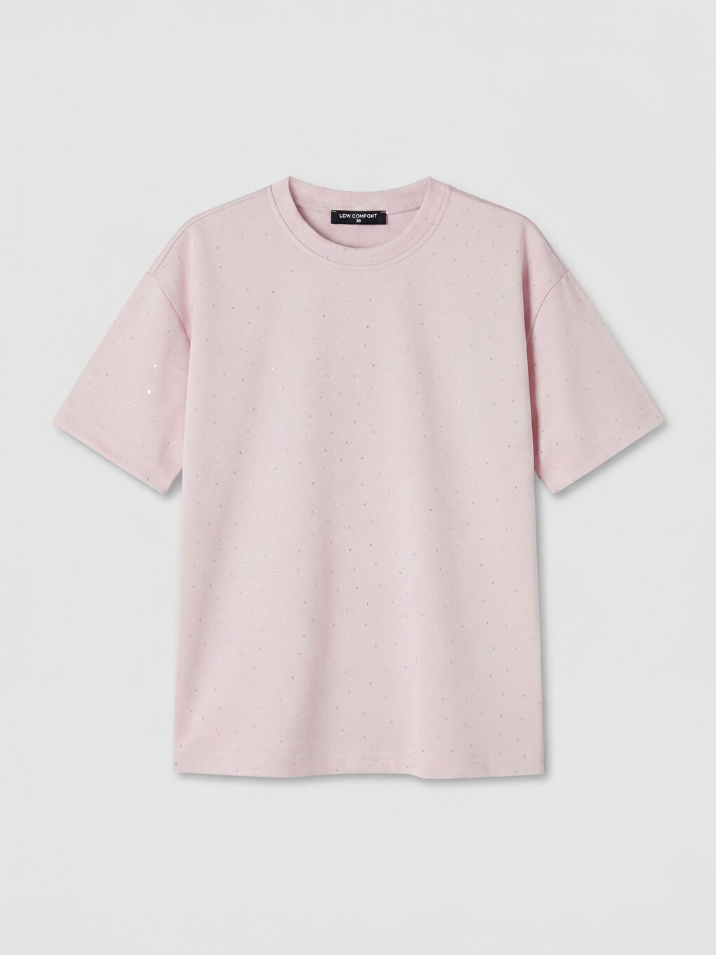 Pembe Bisiklet Yaka Taşlı Oversize Kadın Tişört-4