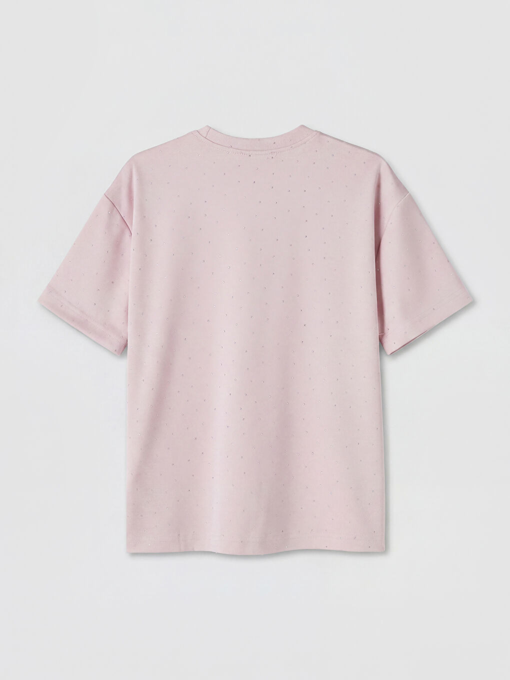 Pembe Bisiklet Yaka Taşlı Oversize Kadın Tişört-5