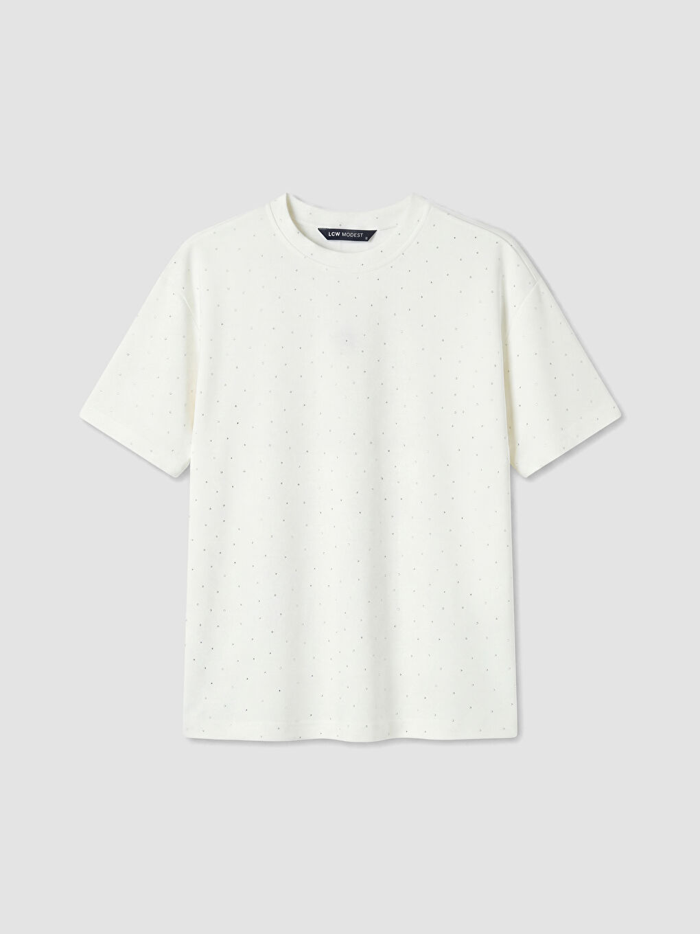 Beyaz Bisiklet Yaka Taşlı Oversize Kadın Tişört-4