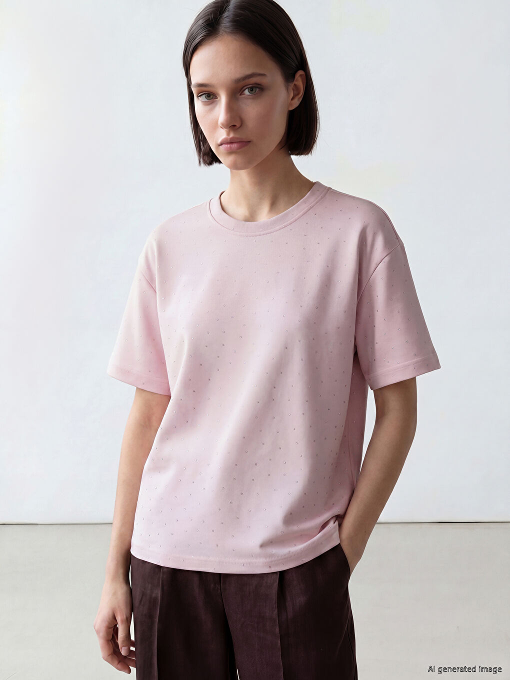 Pembe Bisiklet Yaka Taşlı Oversize Kadın Tişört