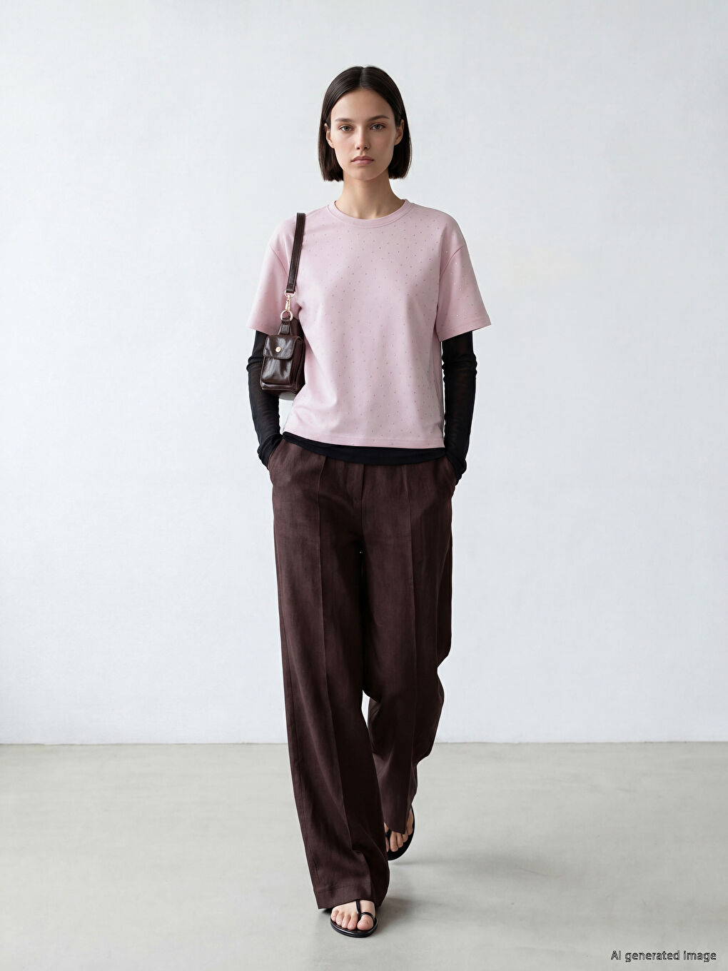 Pembe Bisiklet Yaka Taşlı Oversize Kadın Tişört-1
