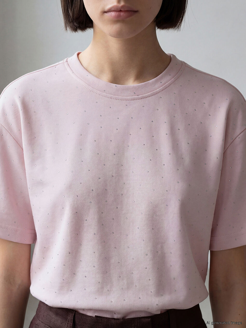 Pembe Bisiklet Yaka Taşlı Oversize Kadın Tişört-2