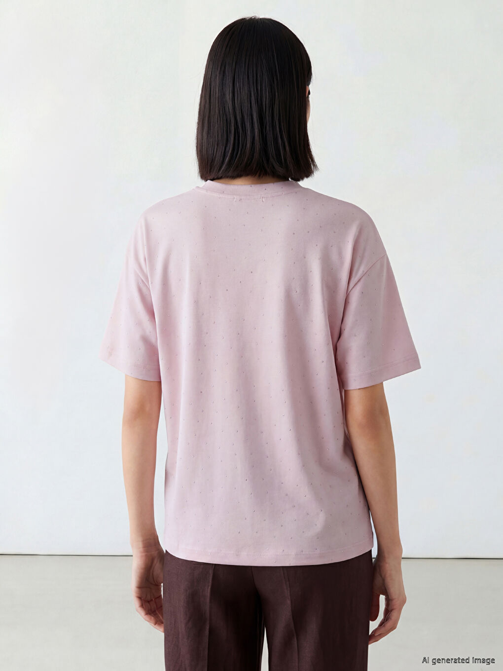 Pembe Bisiklet Yaka Taşlı Oversize Kadın Tişört-3