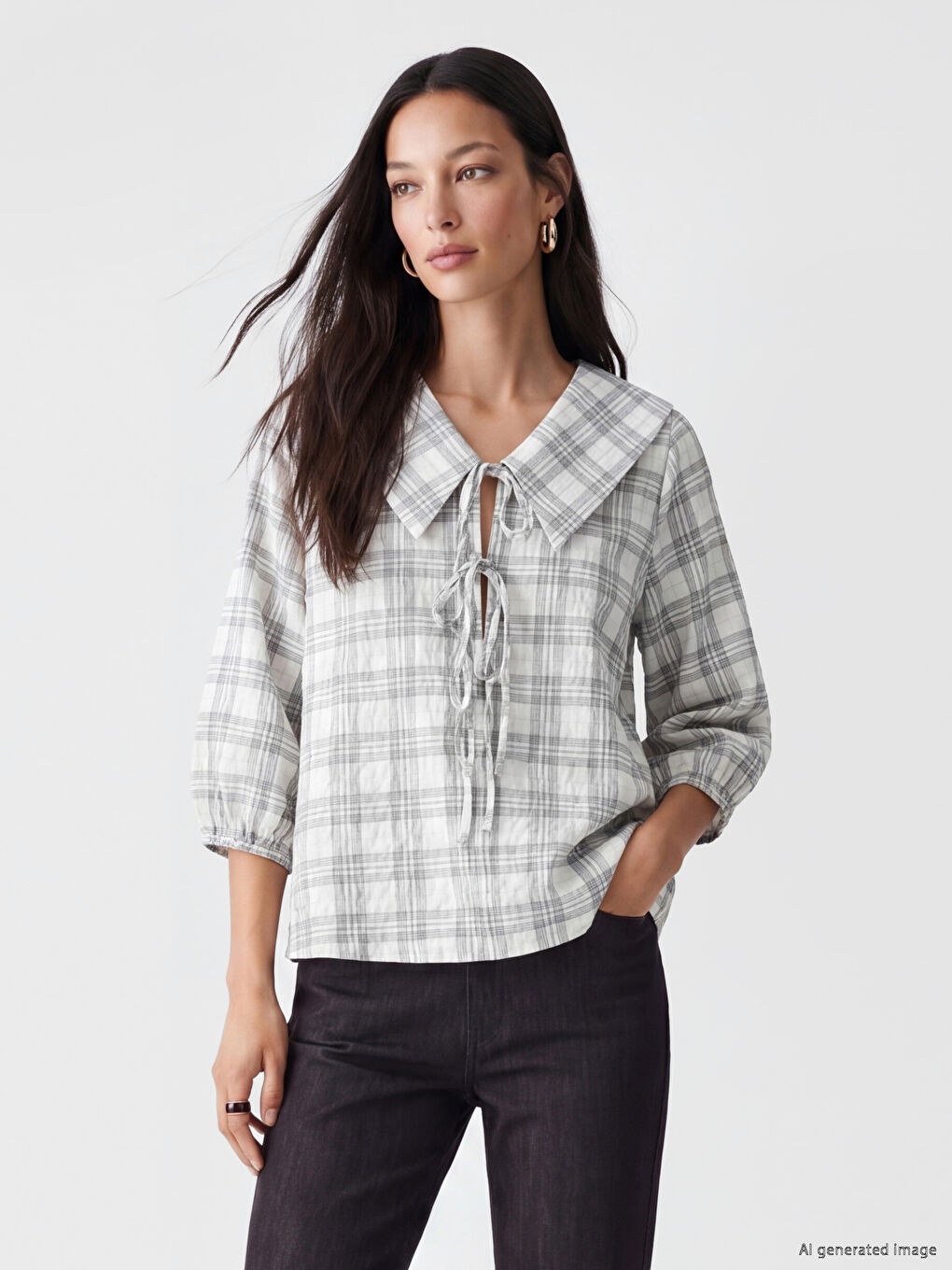 Ekru Bebe Yaka Ekose Bluz