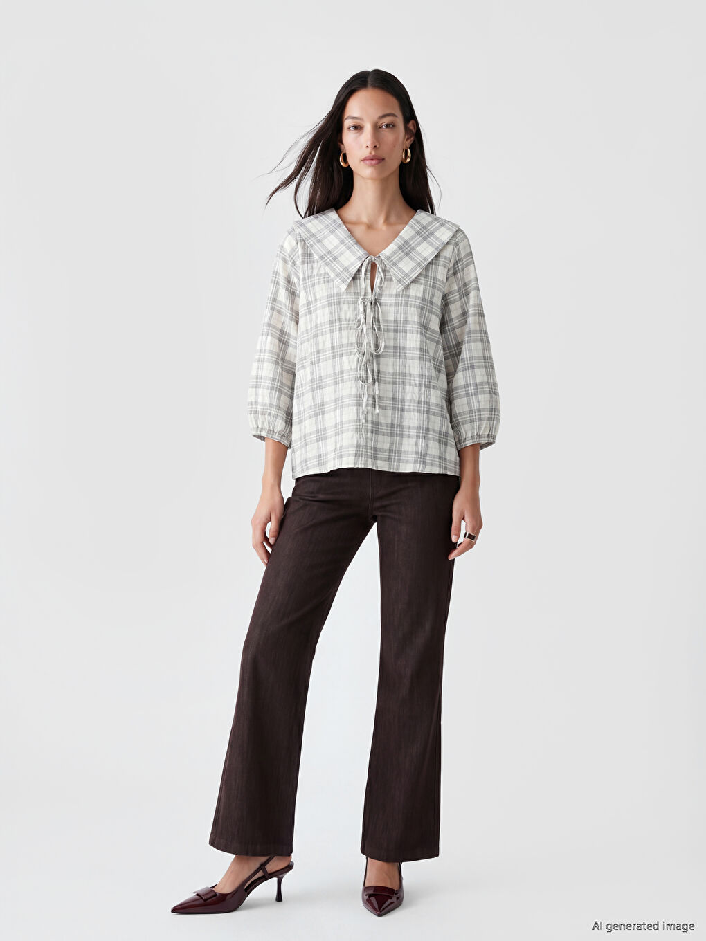 Ekru Bebe Yaka Ekose Bluz-1