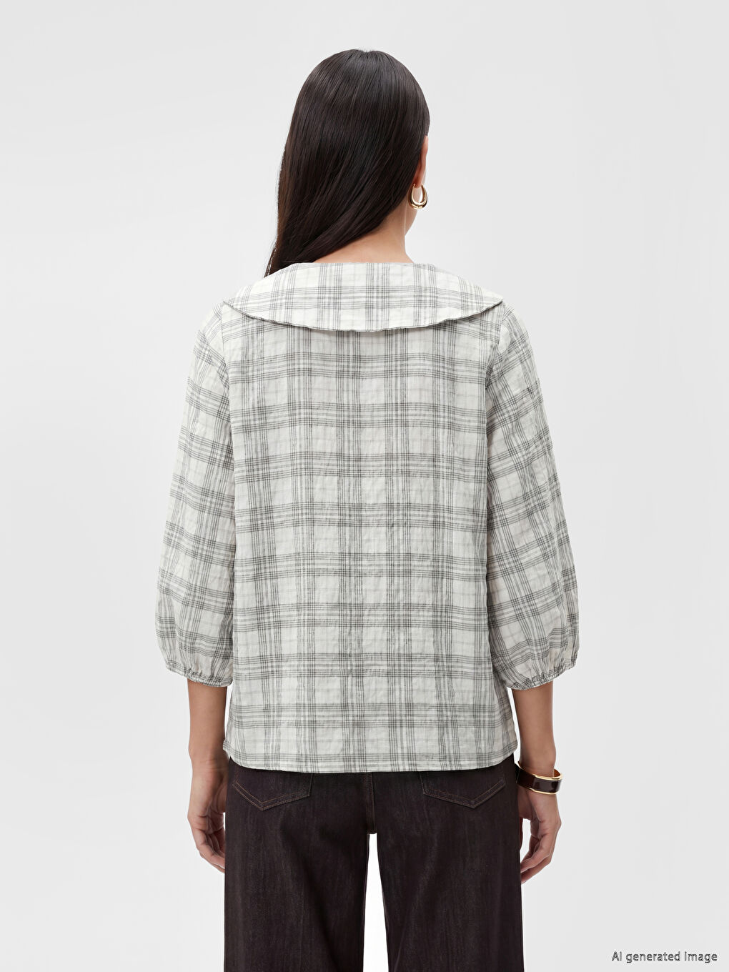 Ekru Bebe Yaka Ekose Bluz-3