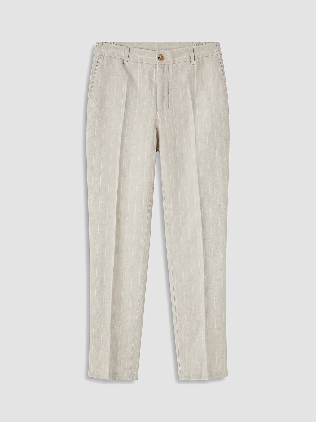 Bej Regular Fit %100 Keten Çizgili Erkek Pantolon