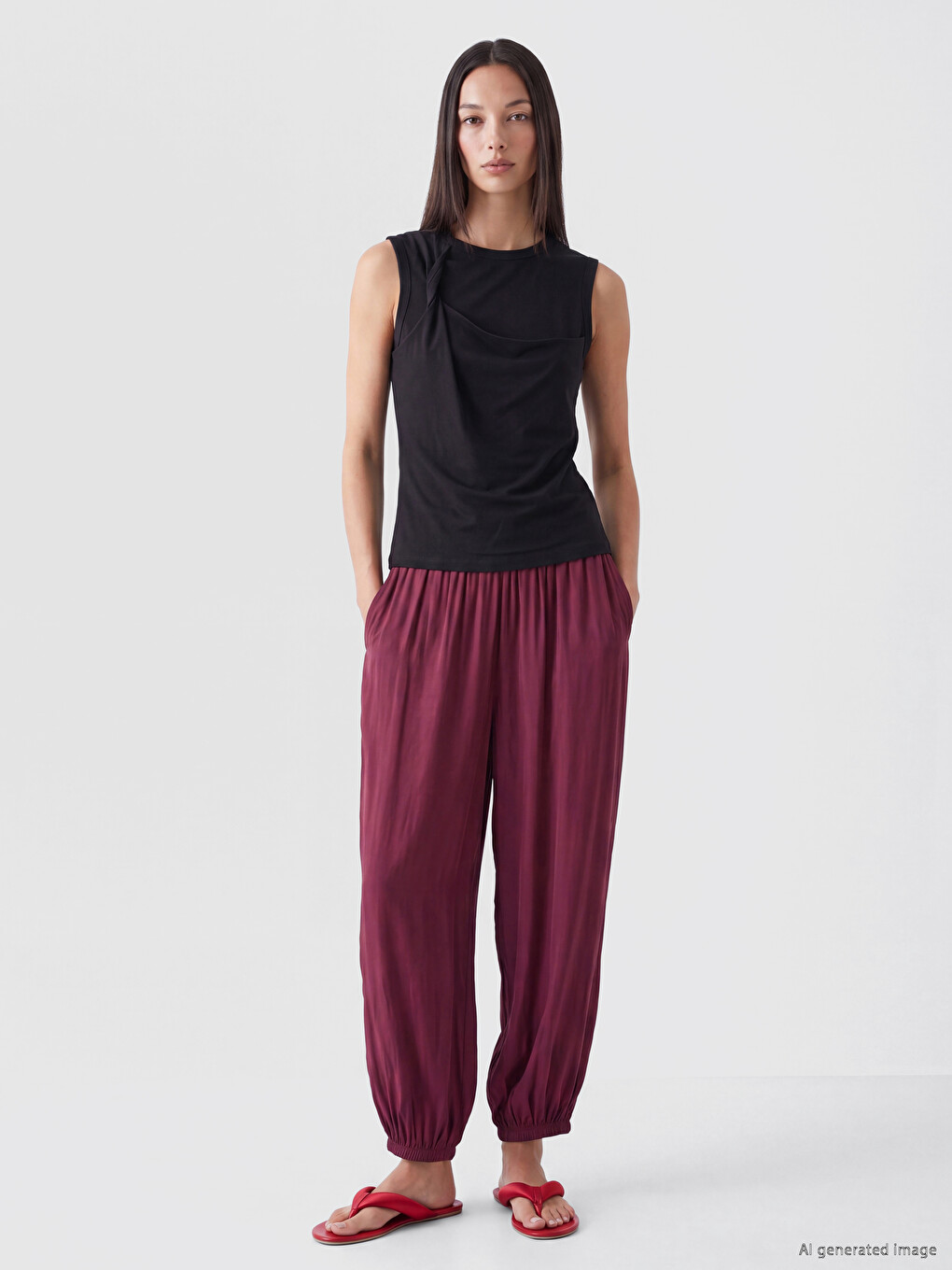 Bordo Beli Lastikli Kadın Jogger Pantolon