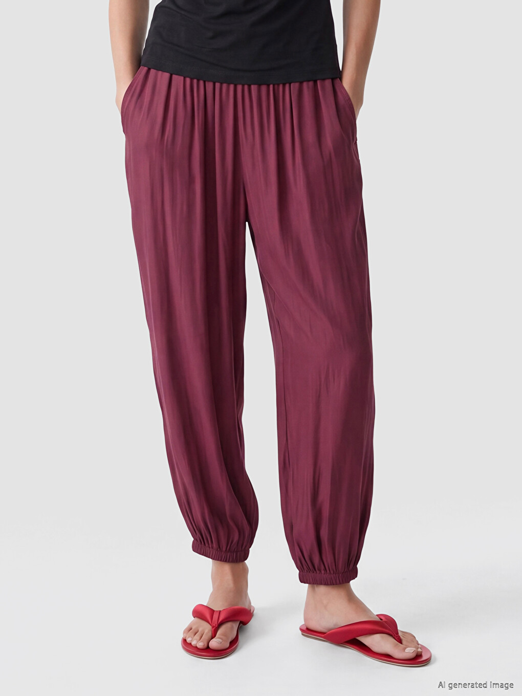 Bordo Beli Lastikli Kadın Jogger Pantolon-1