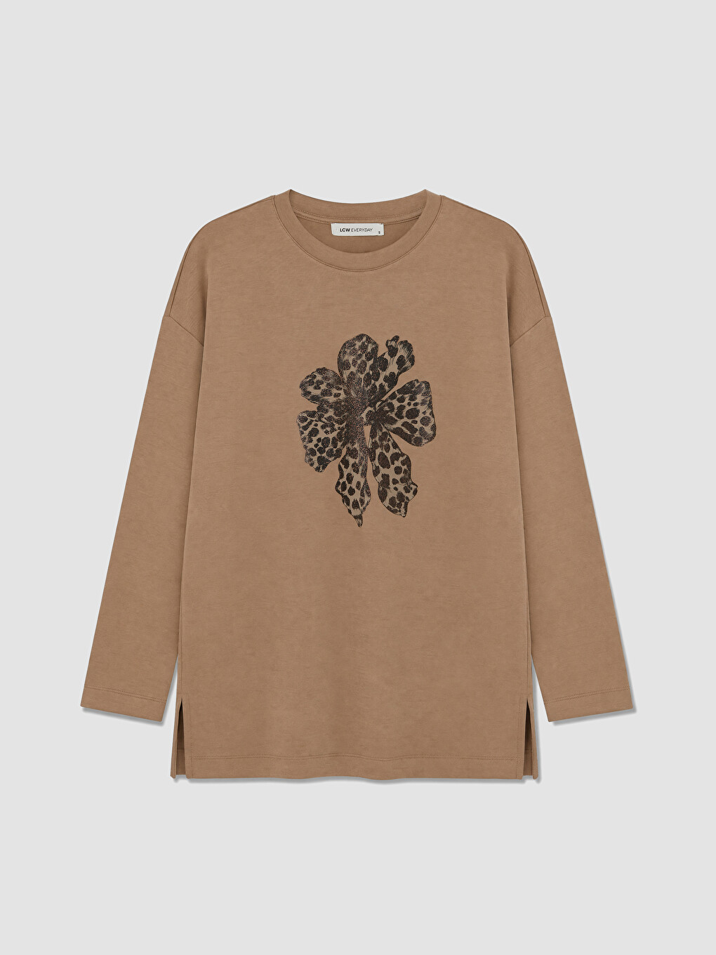 Kahverengi Çiçekli Oversize Soft Touch Kadın Tunik