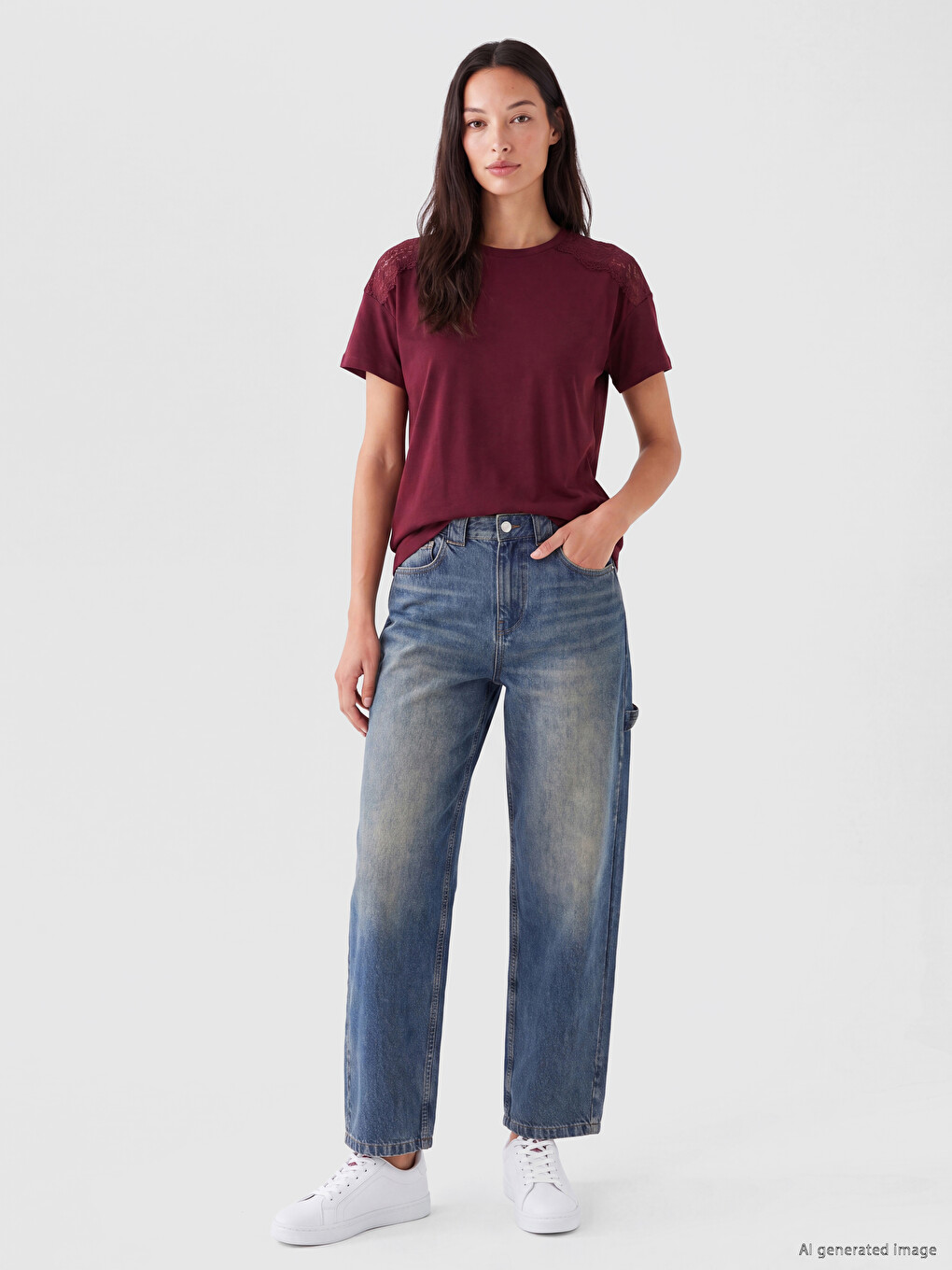Crew Neck Lace Detailed Women's T-shirt-1